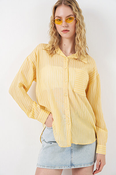 Bigdart Γυναικείο πουκάμισο oversize με μία τσέπη και ρίγες 20375 - Κίτρινο