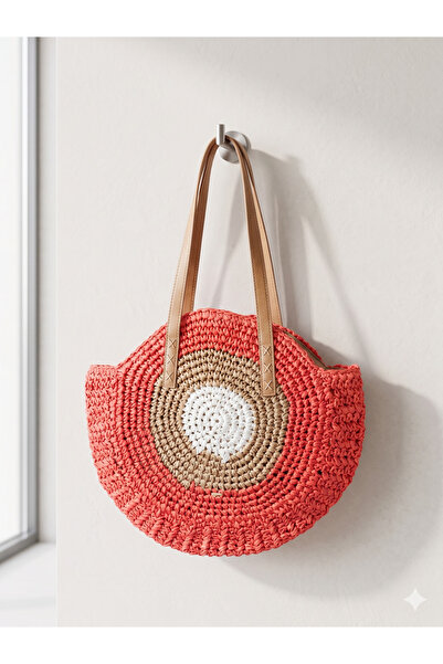 Luminos Butik Κόκκινη Μπεζ Ψάθινη Τσάντα CNT1005