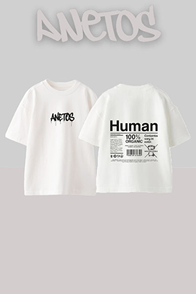 Anetos Tricou oversize alb din bumbac cu imprimeu pe spate Human Components D...