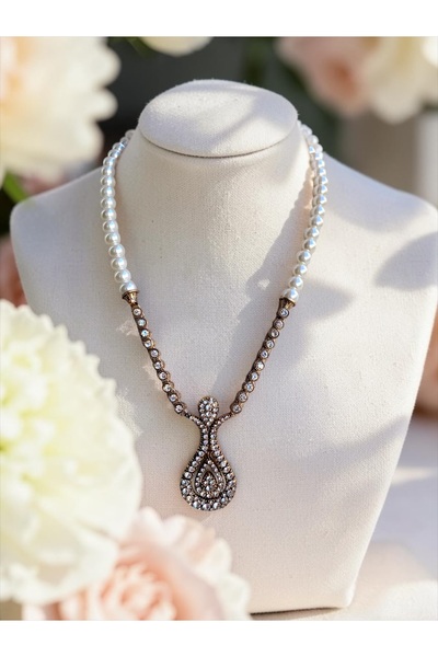 FAYRA ACCESSORIES Zirkon Taşlı Su Damlası ve Su Yolu Zincirli İnci Kolye