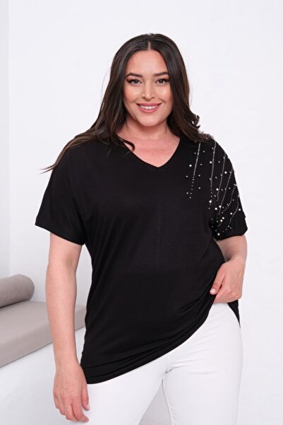 Esina Γυναικεία μπλούζα από βισκόζη με λαιμόκοψη V και λεπτομέρειες από πέτρε...