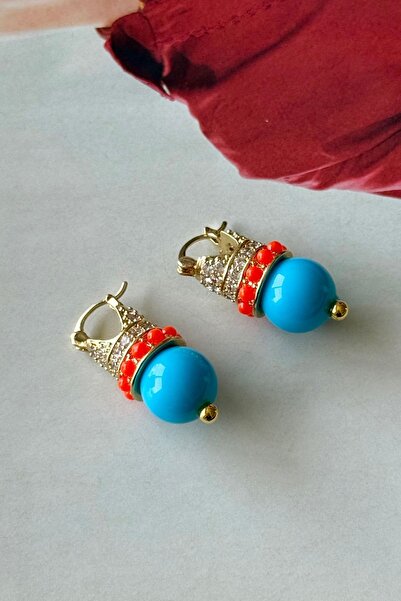 Trendy Butik Turquoise Stone Orange Beaded Earrings