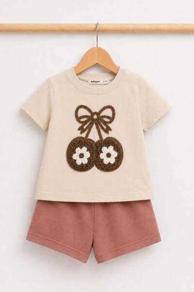 dinamik çocuk Baby Girl 2-Piece Summer Set Cherry Embossed Embroidered T-Shir...