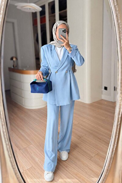 Ka Hijab Double-Breasted Cut Jacket & Trousers Set - Blue
