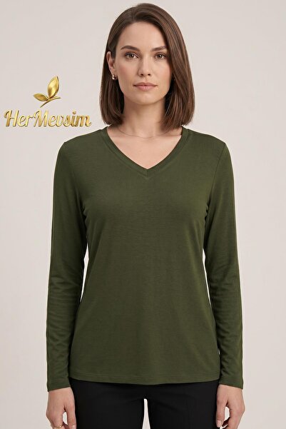 Hermevsim Γυναικεία μπλούζα από χτενισμένο βαμβάκι με λαιμόκοψη V, στενή εφαρ...