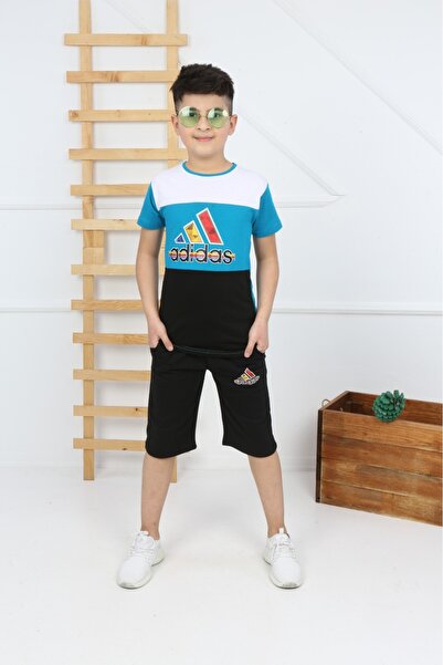 MAVİ BONCUKK Children's Summer Shorts Set Cotton Printed Shorts T-Shirt
