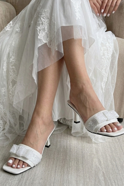 BZC AYAKKABI Women's Silvery Bow Detailed Evening Dress Medium Heeled Slippers