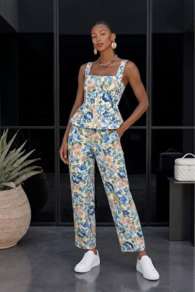 LOKADI Γυναικείο Σετ Μπουστιέ με Μπλε Φλοράλ Σχέδιο και Παντελόνι Ψηλόμεσο - ...