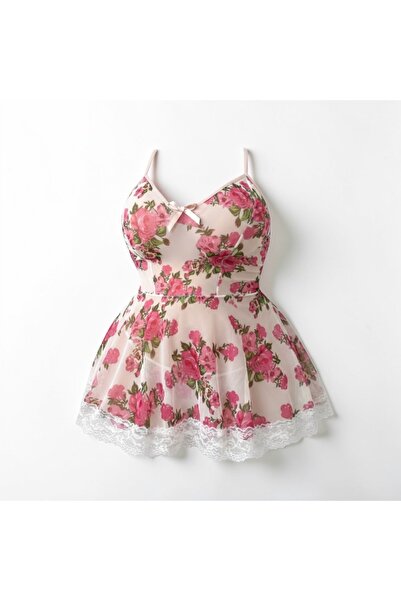 VELVIA Short Chiffon Lingerie with Rose Print and Lace Trim
