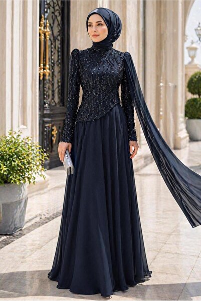 TRENDTESETTÜR KADIN LACİVERT PELERİNLİ ABİYE ELBİSE T 0763