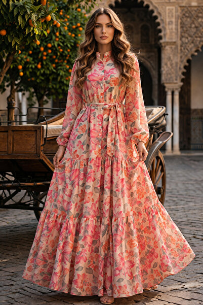 benguen Desenli Tesettür Jessica Elbise B604 Pembe