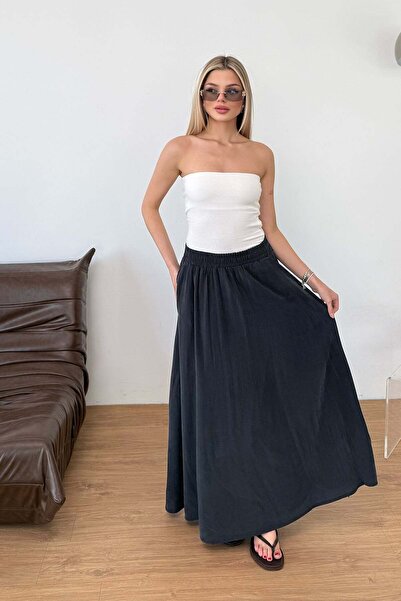 GİYSA Kadın Beli Lastikli Çift Cepli Uzun Etek Siyah - MS0001766