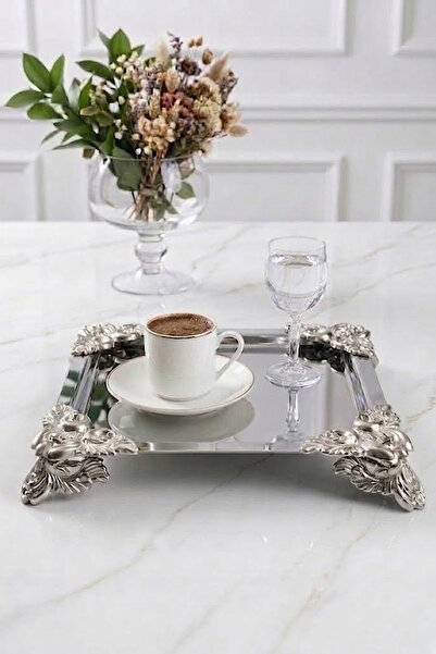 NESS HOME Square Stainless Steel Silver Coffee Presentation Tray with Stand 2...