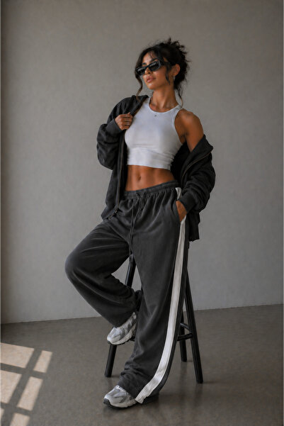 ZİYMO Pantaloni de trening largi cu dungi albe pentru femei PANTALONI DE TRENING CU TIV LARG