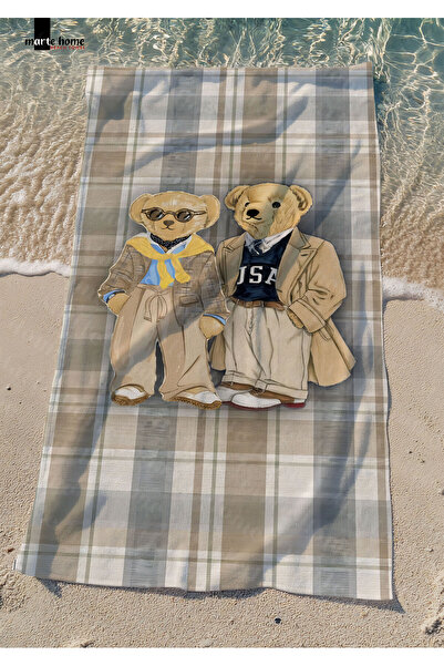Marte Home Teddy Bear Plaid Patterned Colorful Printed Beach Towel - 75X150 cm