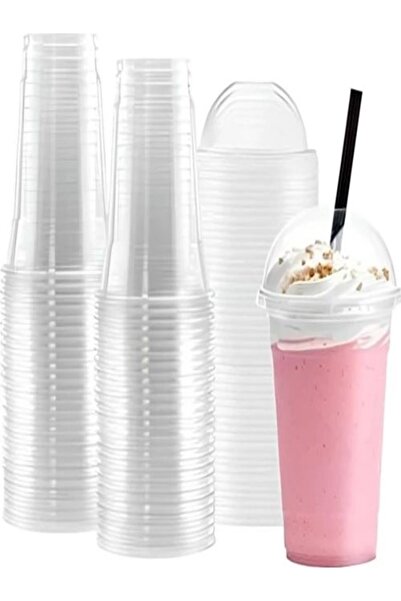 GenelTedarik Plastik Şeffaf Bardak Kapaklı Milkshake Bardağı Kahve Bardağı So...