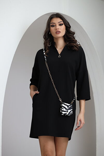 Fofy Rochie casual neagra croi lejer cu buzunare si gentuta inclusa