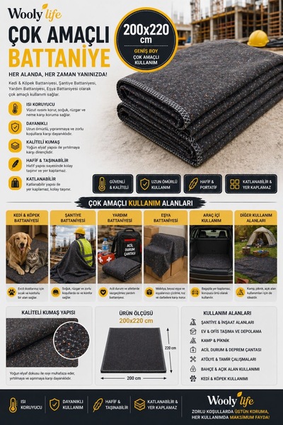WOOLY LIFE Çok amaçlı battaniye 200x220 şantiye battaniyesi evcil hayvan batt...