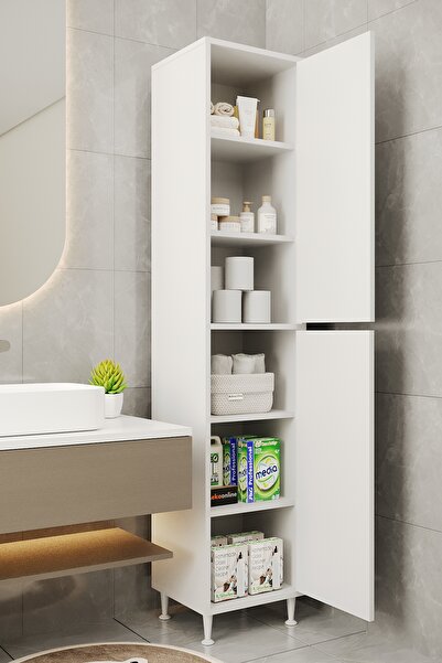 AEKA AE-2027 Lina Beyaz 2 Kapaklı Çok Amaçlı Dolap 40x180 cm Raflı Dar Yüksek Boy Banyo Çok Bölmeli Depolama Dolabı