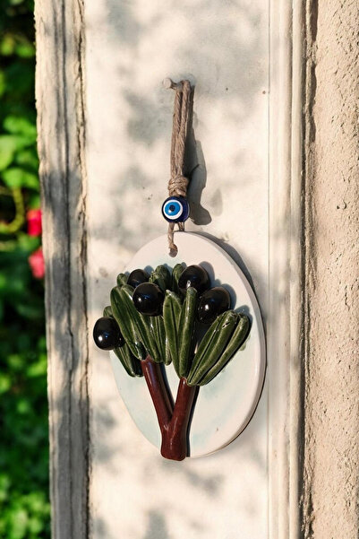 Revard Home Nazar Boncuklu Doğal Zeytin Ağaçlı Beyaz Seramik El Yapımı Dekoratif Duvar Süsü Eşyası 14X14 CM