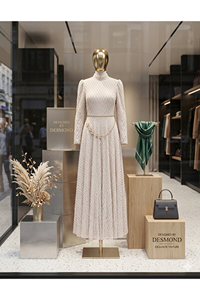 MODA krem jakar desenli elbise