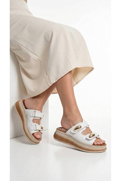 Lidora Women's White Velcro High Sole Slippers Ayk1070