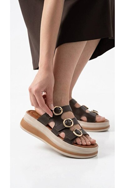 Lidora Women's Bitter Brown 3-Stripe Buckle High-Sole Slippers Ayk1064