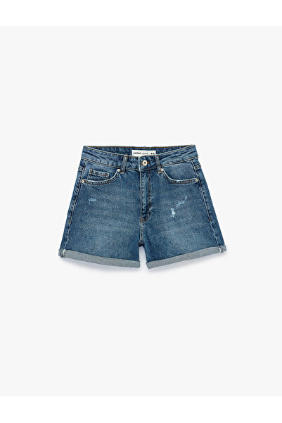 Koton Pamuklu Yüksek Bel Slim Fit Duble Paça Mini Denim Şort