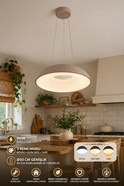 Elvora Home Modern (PREMİUM) Sarkıt Avize 3 Farklı Renk Modu 96W LED Ayarlı 5...
