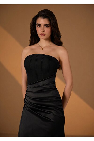 Alinexclusive ALİN KADIN ABİYE STRAPLEZ DRAPE DETAYLI YIRTMAÇLI ŞIK UZUN ELBİSE