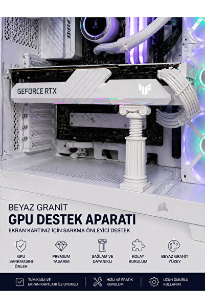 Flay3d Ayarlanabilir Beyaz Granit GPU Destek Aparatı - Ekran Kartı Tutucu | S...
