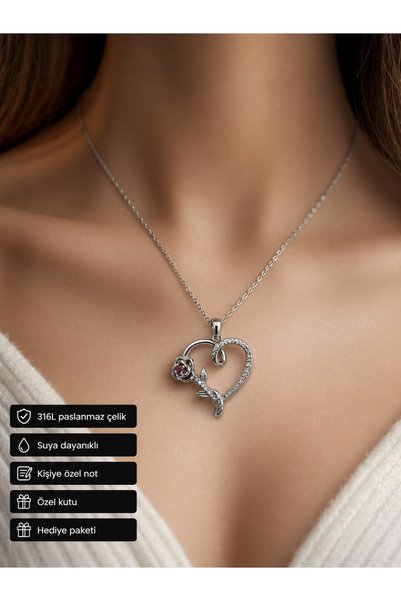 HER ŞEY NOTA www.herseynota.com Heart and Rose Detailed Women's Necklace 316L...
