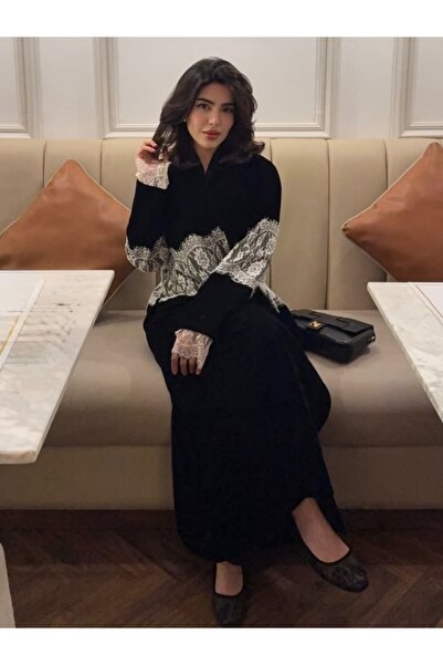 Classy She New Stylish Abaya Two-piece Set With Lace Trim and Front Opening (...
