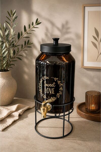 NEWNOW Amber Glow Musluklu Cam Sebil Standlı Limonata Dispenseri 5L Dekoratif...