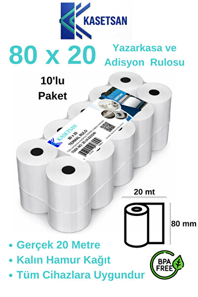 Kasetsan 80x20 Yazarkasa Pos Rulosu 10'lu Paket Termal Adisyon Rulo BPA Free