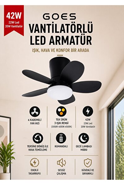 Goes 42W Tavan Vantilatörü LED Avize Armatür 64cm 5 Kanat 6 Kademeli Fan Ters...