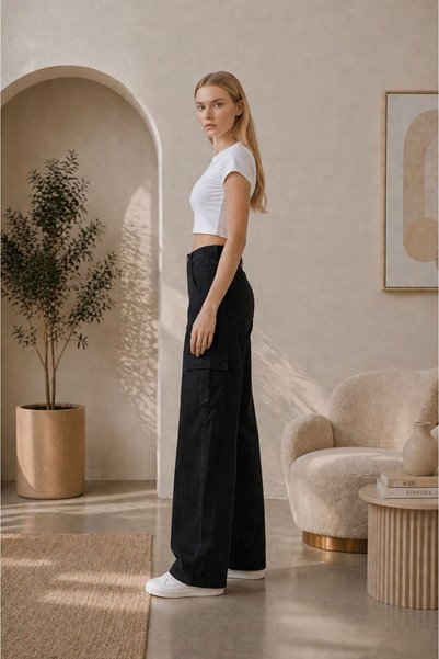 Rosita Women's High Waist Full Lycra Cargo Pocket Wide Leg Jeans