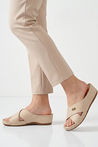 Aspor Beige Gel Sole Women's Wedge Heel Slippers