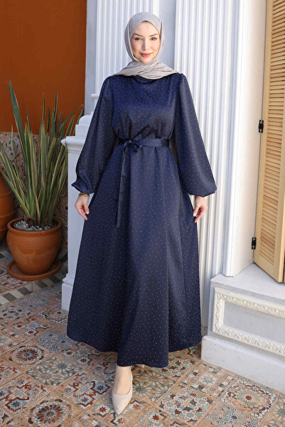 İmajButik Μπλε ναυτικό σατέν βραδινό φόρεμα με μανίκια μπαλόνι και πέτρες