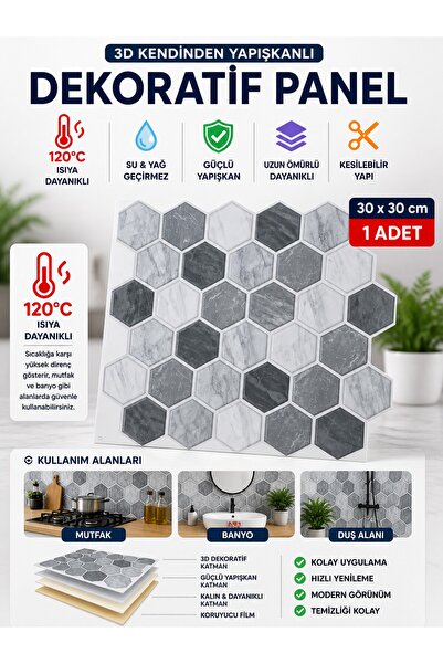 Örtücüm 3D Görünümlü Kendinden Yapışkanlı Duvar Paneli 30x30 cm | Mutfak Bany...