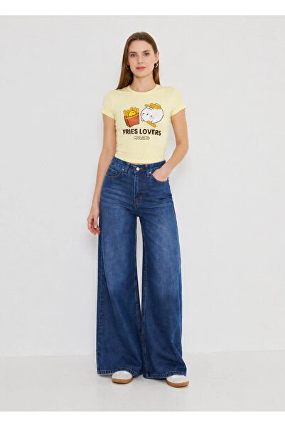 Kadın Slim Fit Baskılı Elestanlı Kısa kol Sarı Tişört