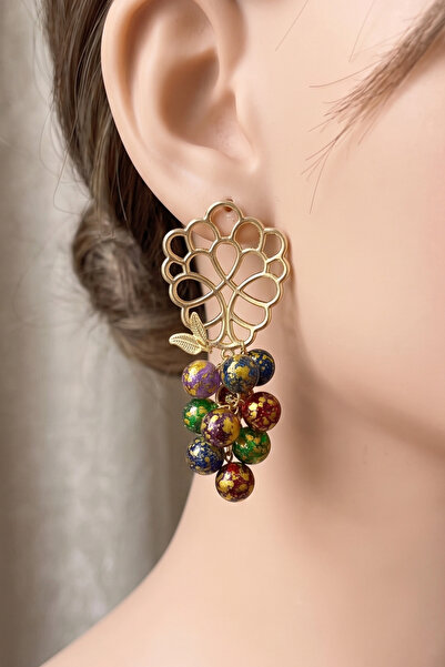 PETEK AKSESUAR Large Metal Leaf Glass Grape Cluster Earrings 9 Cm.