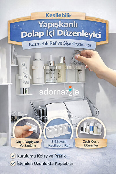 KCA HOME Kesilebilir Yapışkanlı Dolap İçi Düzenleyici, 5 Bölmeli Krem Raf, Ko...