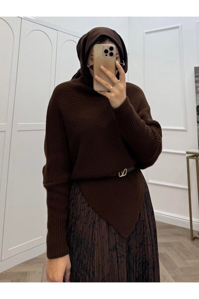bezenstore ÇAPRAZ DETAY ÖRGÜ KAHVERENGİ KAZAK