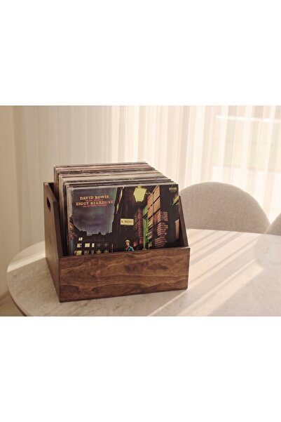 Limon Dekor Doğal Ahşap LP Plak Sandığı 12" Koyu Ceviz Rengi - Organizer Kutu - Natural Wooden LP Record Box 12"
