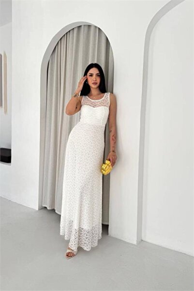 Neşeli Butik Rochie albă transparentă, cu detalii, lungă, căptușită, din dant...