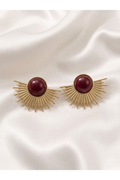 NUR TASARIM ATÖLYESİ Women's Gold Steel Burgundy Color Half Sun Earrings