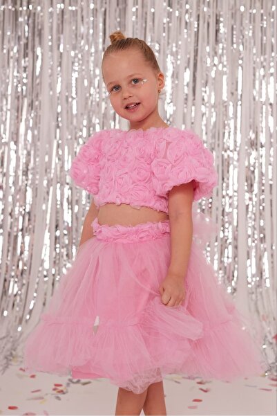 Pinkitokids Girl's Rose Embossed Detail Crop Skirt Set-Pink