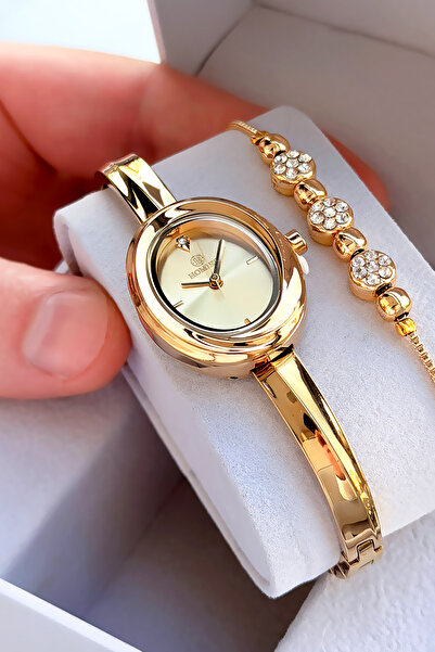 Homies Oval Case Gold Color Women's Wristwatch Steel Band Japanese Movement G...
