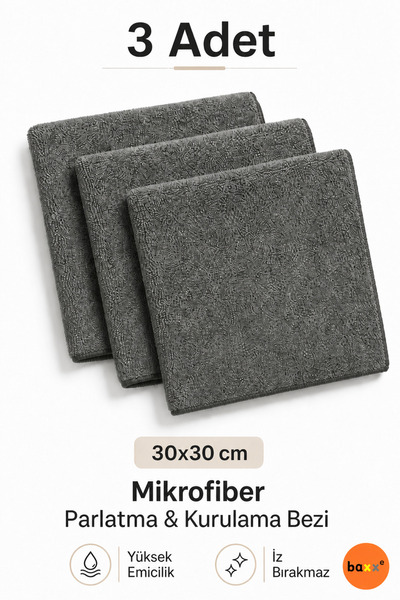 baxxe 3 Adet Mikrofiber Pasta Cila Parlatma ve Kurulama Bezi Tank Bezi – 30x3...